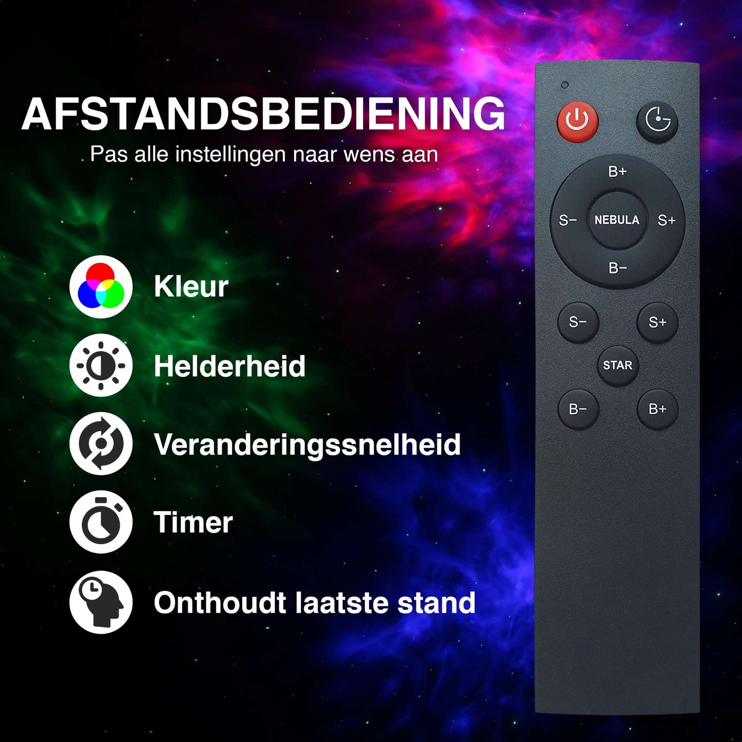 Remote control with buttons labeled 'Kleur', 'Helderheid', 'Veranderingssnelheid', 'Timer', and 'Onthoudt laatste stand' against a colorful nebula background.