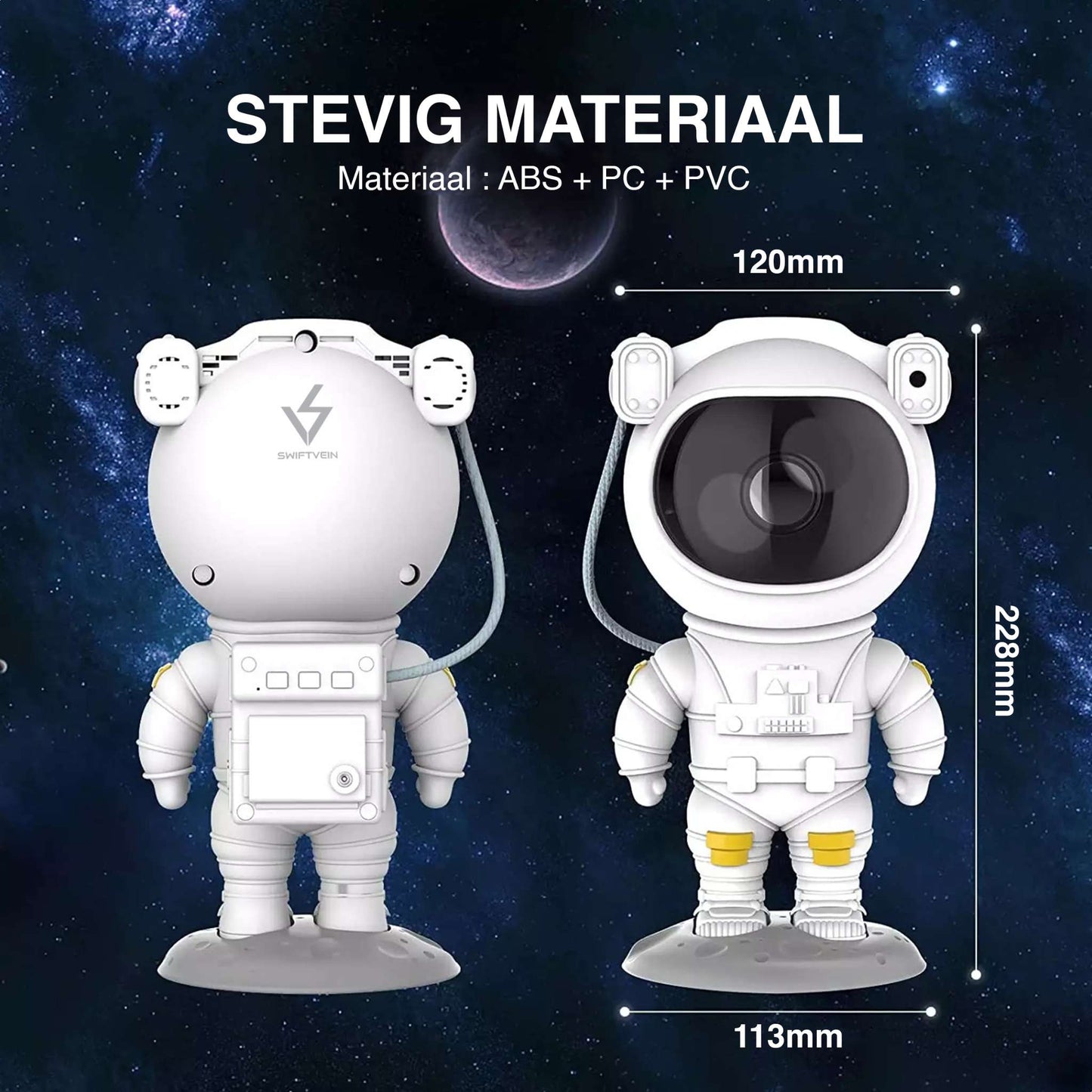 Swiftvein astronaut toy figure with measurements against a space-themed background