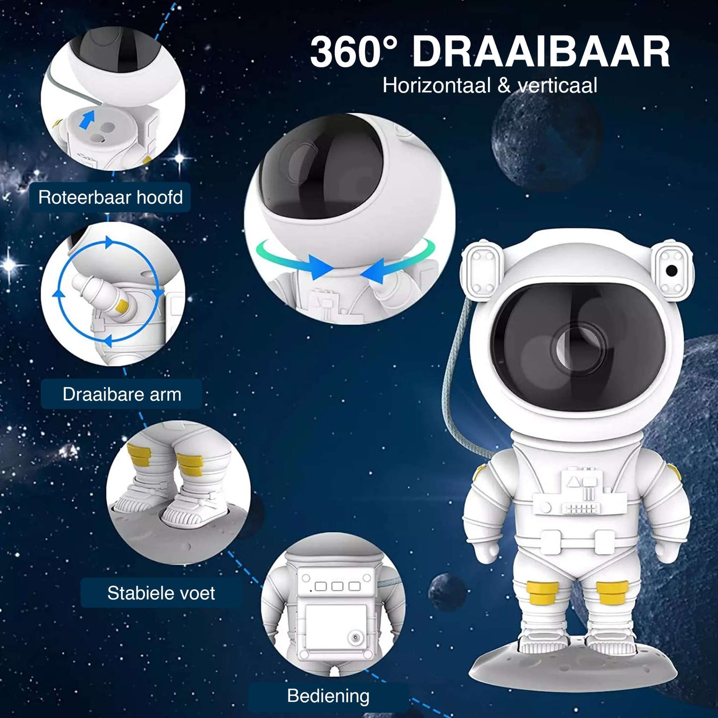 Toy astronaut figure with features highlighted on a space-themed background
