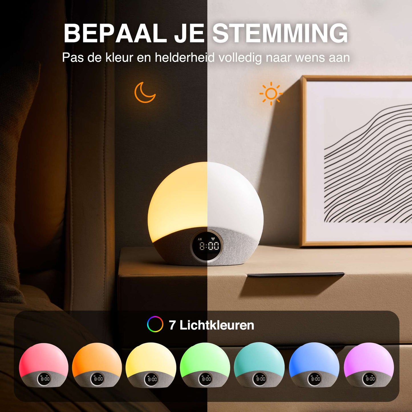 Smart night light with color-changing options on a shelf.