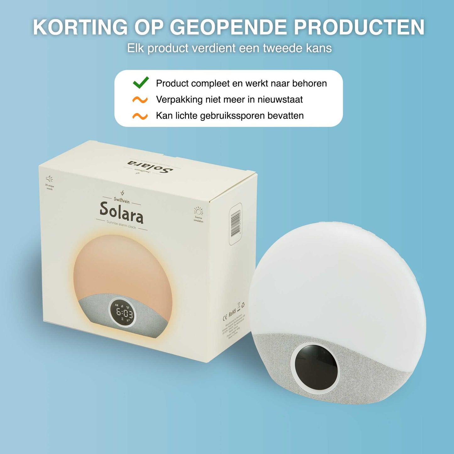 Solara product packaging with a white sphere on a blue background