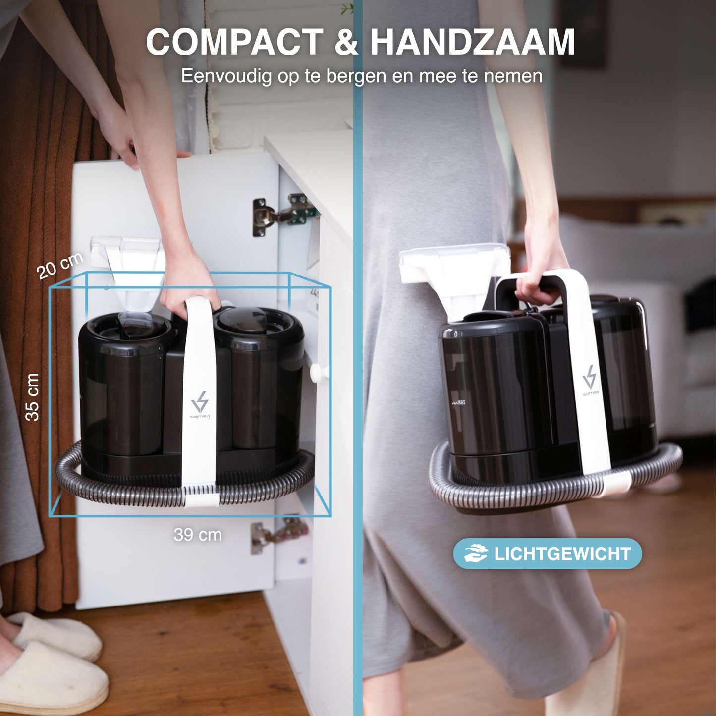 Compact Swiftvein vacuum cleaner with carrying strap shown in use and dimensions displayed.