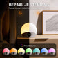 Smart night light with color-changing options on a shelf.