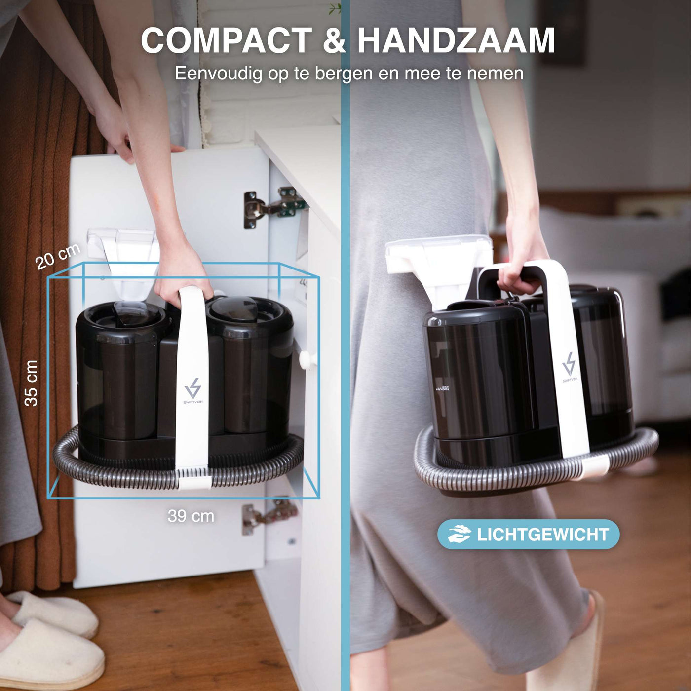 Compact Swiftvein vacuum cleaner with carrying strap shown in use and dimensions displayed.