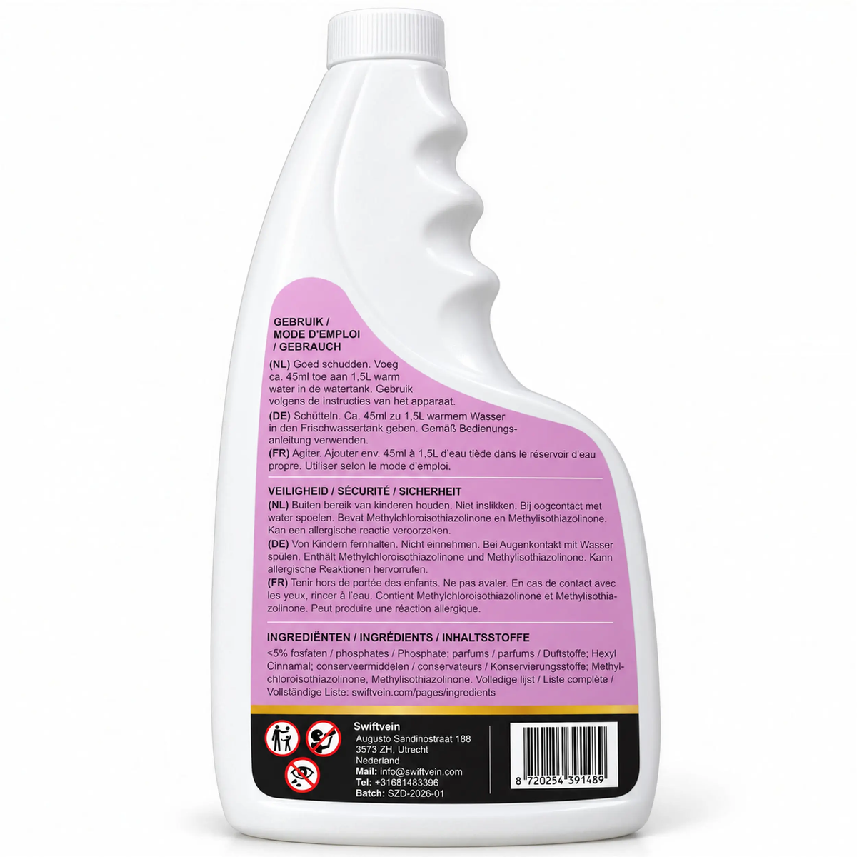 Rückseitenetikett des Swiftvein Super Cleaner Lavender 500 ml mit Dosierung, Inhaltsstoffen und Gebrauchshinweisen.